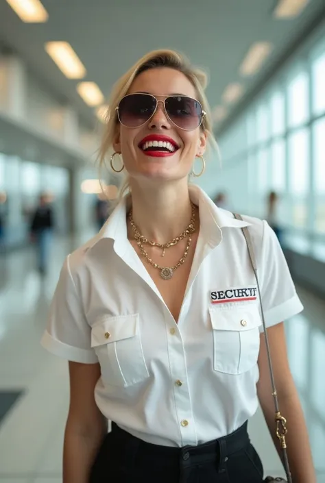 White lady wearing an white unbuttoned airport security shirt, laughing with her mouth open, red lipstick accentuating her smile, jewerly, aviator sunglasses, white skin, whip in hand, walking on rails, kenya
