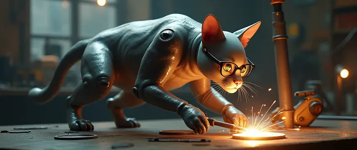 A ai cat human type with glasses and sit and welding on a coin 