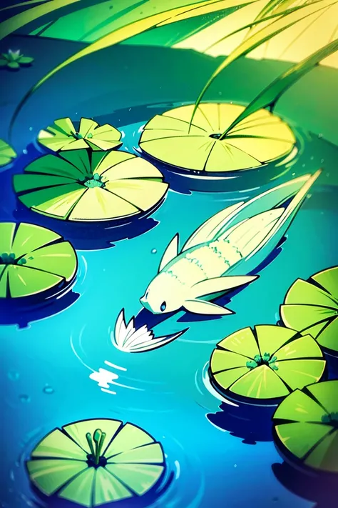 Create a water-type Digimon in its first evolution stage, resembling a small, aquatic creature with soft, flowing features. Its body is smooth and slightly translucent, reflecting the gentle ripples of the water around it. The Digimon is perched on a float...