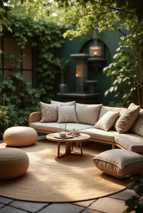 Garden Parisian garden with cozy furniture, sofa, carpets, lights, cushions, furniture in braided straw, garden with a fountain, coffee on the table, hot chocolate and a white cake.