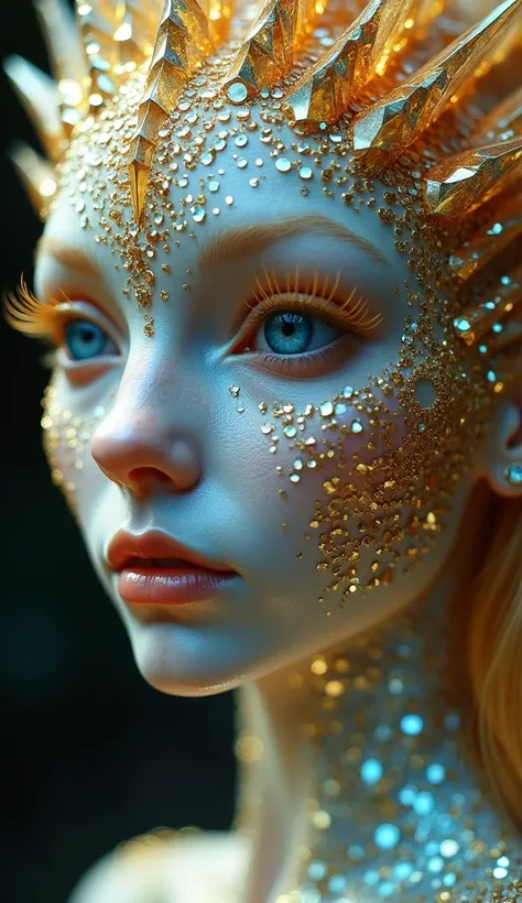 An ultra-detailed close-up of a humanoid creature faith,  with a face completely covered by tiny mirror scales with golden edges that reflect light in warm tones.  The scales are arranged in an intricate pattern ,  creating a hypnotic effect that enhances ...