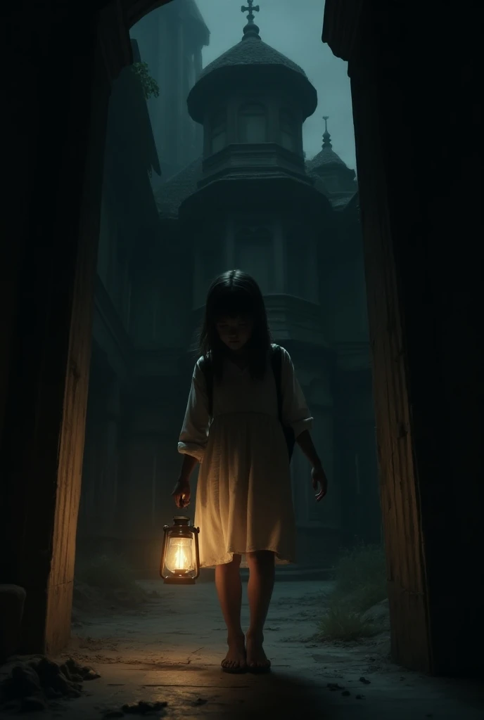 Girl enters in fear: A girl, trembling with fear, enters the mansion holding a lantern. A feeling of fear and hesitation is visible on her face. Behind her is a place with pitch dark and dim light.