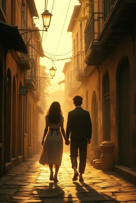 A nostalgic hood scene of two friends walking together in an old street, soft golden lighting, calm atmosphere, reflecting the theme of friendship and memories."