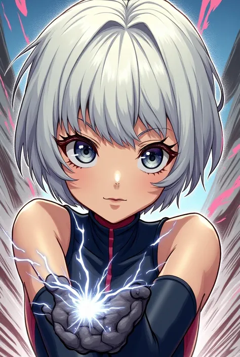  Comic style Manwha girl short white hair and gray eyes,  with powers  