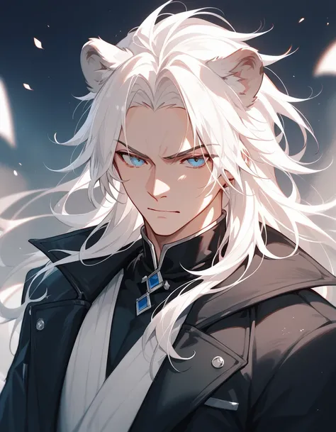 man,White hair,Long hair, lion ear, black coat ,เสื้อยืดลายสาวน้อย lion ear,Frowning face,thin