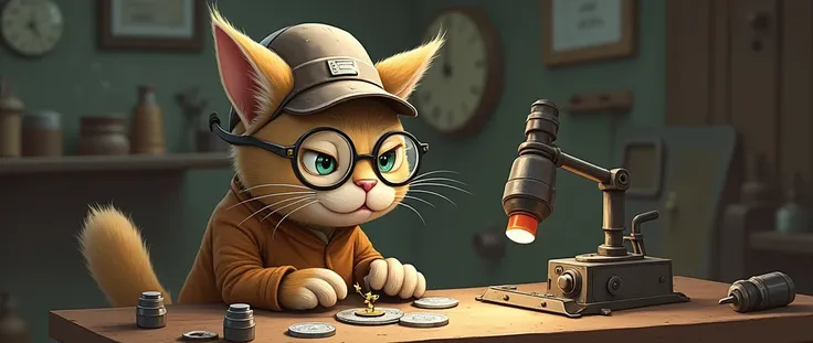 A ai cat human type with glasses and sit and welding on a coin human type cat like cap boy 