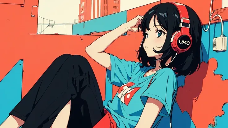 (flat color, retro, low contrast), (lofi), (1 girl, black hair, t-shirt, headphone), (summer sky, wall with anime posters)