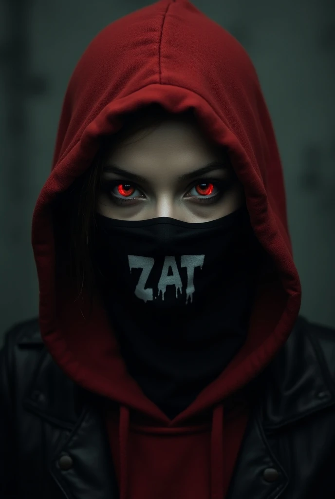  Beautiful Girl,Psychopath,Crazy red eyes are shining,round and round eyes ,close-up,Black mask with Z.a.T logo ,2.5th Dimension,dark,red and black hoodie