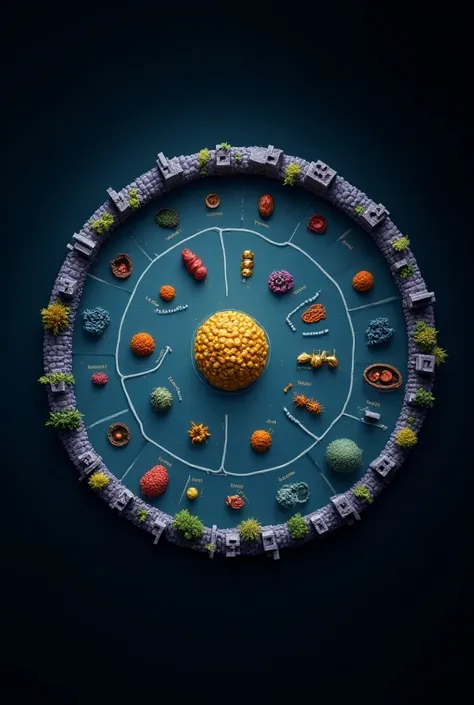 

"Create a realistic image of a circular blue wall with a diameter of 100 meters, with twenty gates color purple, and with twelve buildings like small 2x2 houses inside, spaced equally. Four of these will resemble ribosomes in light blue color, another fo...