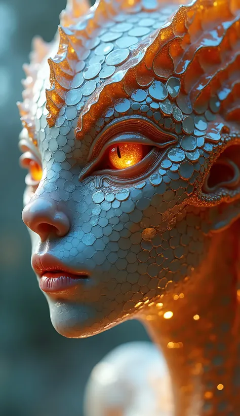  An approach to the face of a humanoid creature ,  covered completely by mirrored scales shaped like small hexagons that seem to capture and fracture light into hundreds of bright colors.  The scales are arranged in a pattern that follows the natural curve...