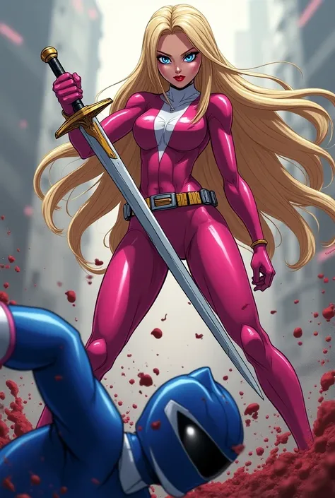 Full body, Anime style.  Evil female Pink Power Ranger with long blonde hair and no helmet, brilliant blue eyes and a smirk across her ruby lips.  she is attacking and stabbing the Blue Power Ranger using her sword.  Evil wins. Blood splatter.