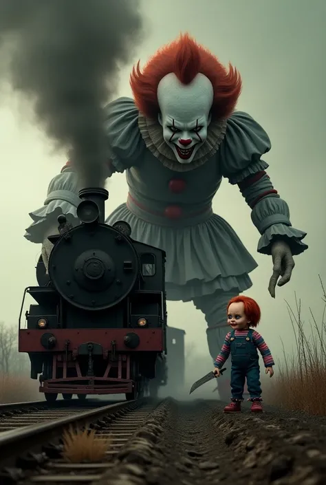 Pennywise the clown and Chucky in big size and showing their scary side, they chase the steam train