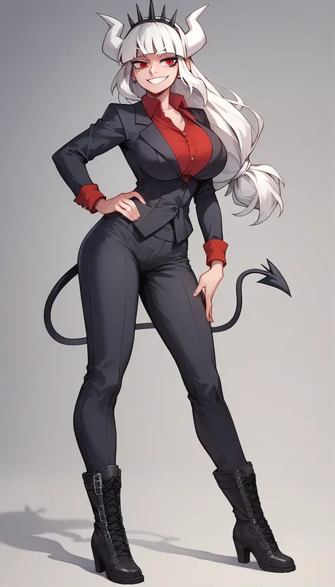 Masterpiece, best quality, Masterpiece, best quality, 1 woman , lucifer (helltaker) , long white hair , red eyes. , sly face , smile , black suit shirt , trousers , big breasts , , abdomen , Put your hands on your hips. , boots , full body 