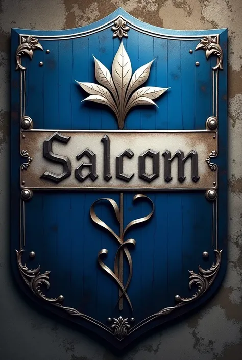 a medieval coat of arms in blue and silver with a Liz flower and the words Salcom