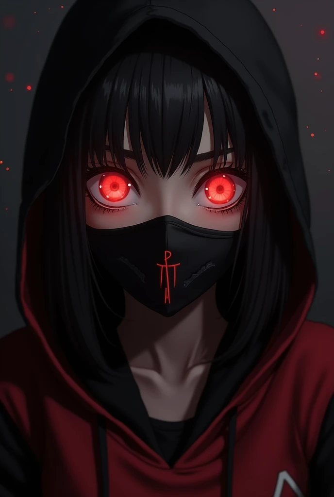  Beautiful Girl,Psychopath, crazy red eyes are shining,round and round eyes ,Close-up,Black mask with Z.a.T logo ,Anime Art,dark,red and black hoodie