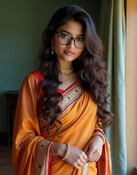 Professional photo of a Fit Indian girl wearing saree belly should be visibile and more fit and tall and change face, curly long hair, bright amber-green eyes, nerd glasses, huge breasts
Change face again nice now make her more sexy more sexy face more sex...