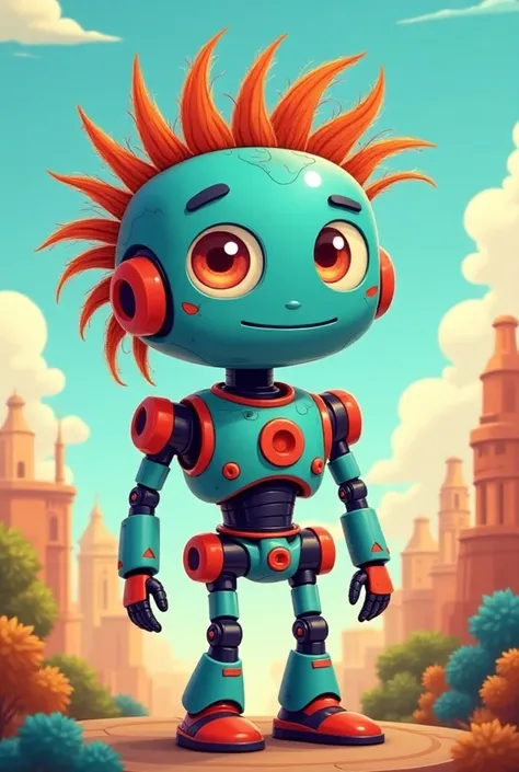  a cartoon-style robot with pieces in the colors blue and red with dreads hair