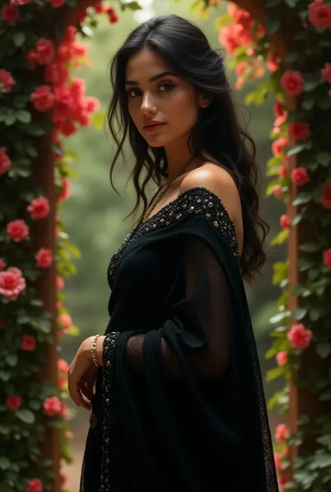 A beautiful woman in designing black saree in front of flowers gate zoom view realistic 