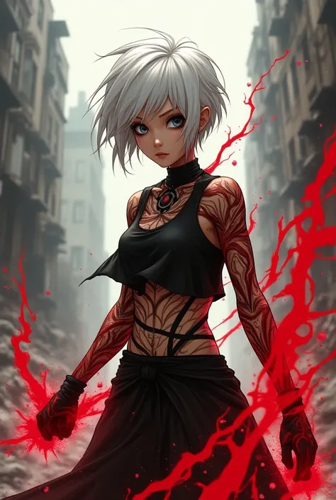  Comic style girl short white hair and gray eyes, With powers of blood  