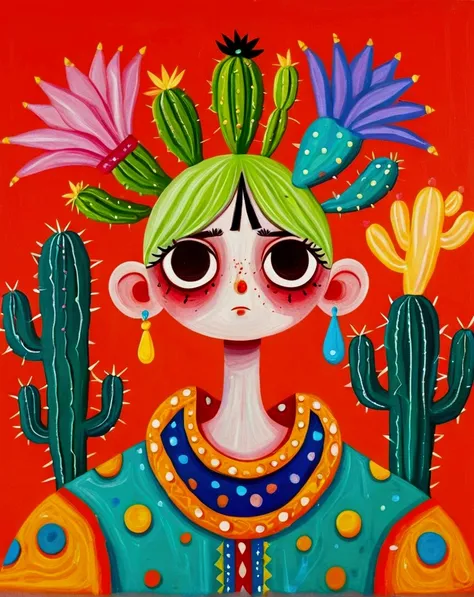 painting of a man with a cactus head and a colorful shirt, anthropomorphic cactus, inspired by Victor Brauner, the non-binary deity of spring, inspired by Ron English, hylics artwork, pop surrealism, a surrealist painting, surreal painting, whimsical surre...