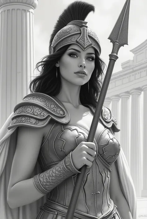 Female face pencil husband Greek goddess Athena, black hair, greek helmet,  she is holding a spear and wearing armor