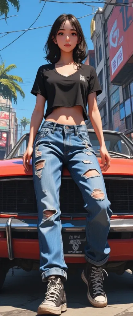   anatomically correct, Plano General,    whole body  , ((   Woman in Broken Jeans Standing Next to Car ,   A man sitting on the hood of a car GTA v   :1.5)), Style Ross Tran,  Realistic art style ,  In the style of Ross Tran , Ross Tran.    Butt 10x Bigge...