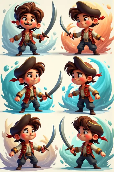 jelly art style,young handsome, brown hair pirate,6 poses