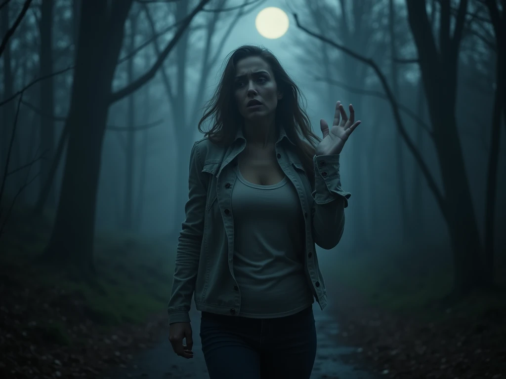 A terrified woman stands on a shadowy forest path at night, her eyes wide with panic as a ghostly, ice-cold hand grips her neck from behind. The hand is pale and spectral, its touch sending a shiver through her body. The womans expression is one of horror ...