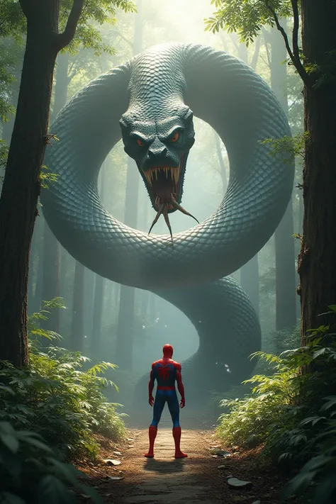 "An epic scene set in a dense, misty forest, where Spider-Man stands poised, his web-shooters ready, facing off against a massive, menacing snake coiled around a tree. The snakes scales shimmer in the dappled sunlight filtering through the trees, while Spi...