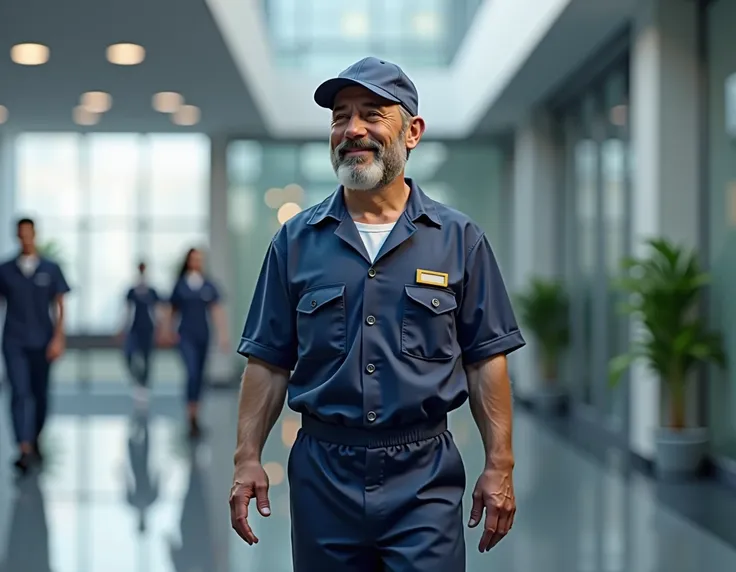 Man wearing janitors clothing and with the cap