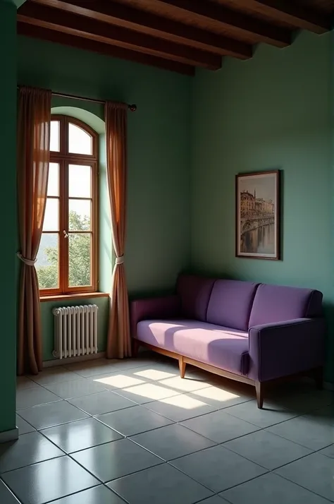  Empty room with walls of turkish green color, with dim lights , coffee brown windows , coffee brown curtains , white tiled floor , and one long sofa of purple color ,in a night atmosphere ,ultra realistic,detail,photography,ultra HD.