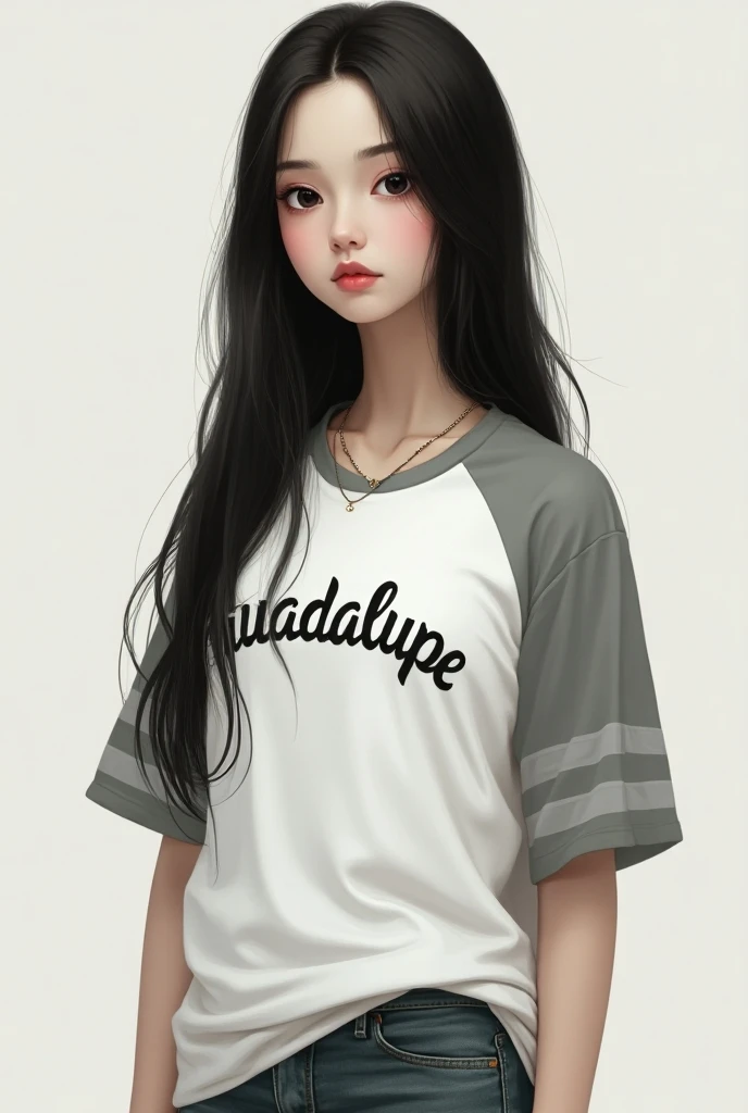 A tall, white-skinned girl with long straight hair wearing a baseball shirt that says Guadalupe