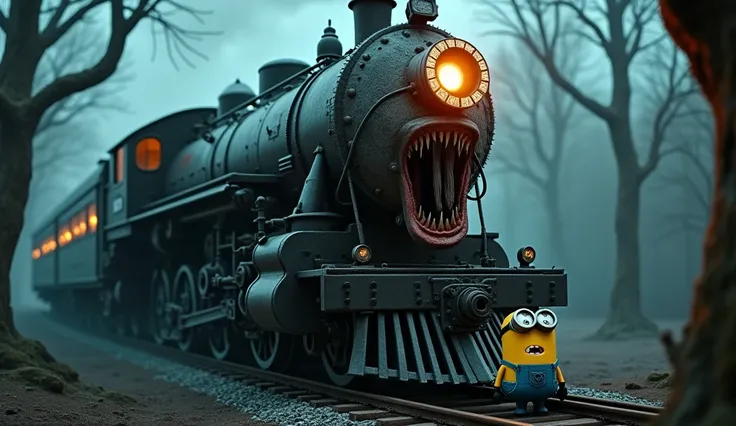 there is a train with a monster on the front of it, gothic locomotive, crying engine, still from animated horror movie, cry engine, in a tim burton movie, minion as lovecrafts monster, biomechanical railroad, with cry engine, inspired by Ron English, very ...