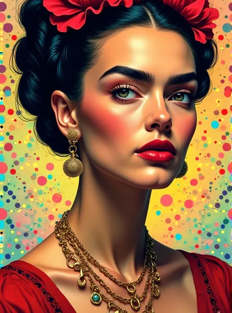 American Pop Art、frida kahlo、1950s、Manga Style、colorful、Face seen from an angle、The background is dots