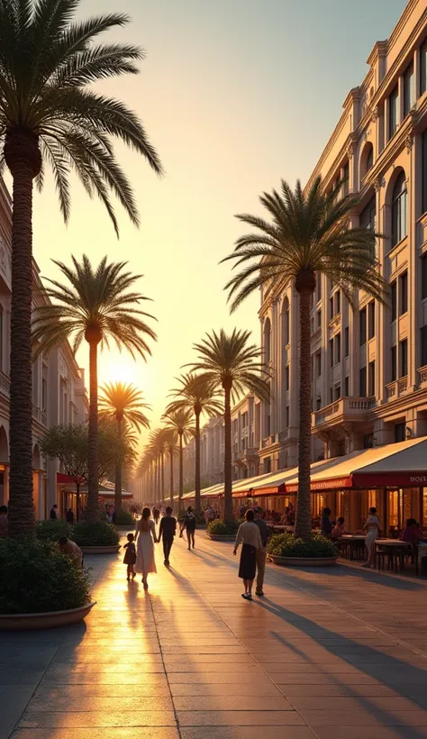 An older European city downtown square at sunset with sparse palm trees, art deco buildings, and western European stylization