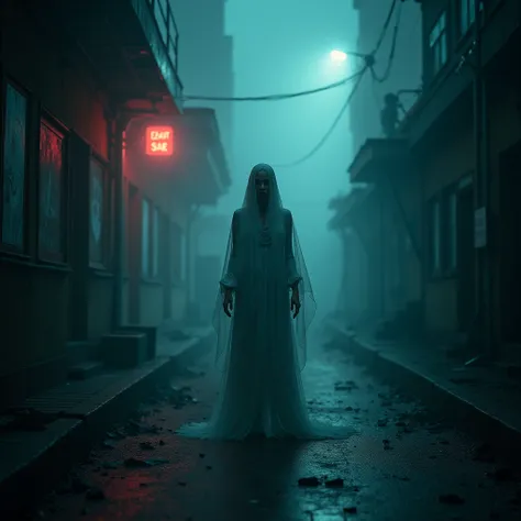 horror, scary, eerie, anger, apocalypse, sci-fi, fantasy, masterpiece, dark city, quiet place, at night, thick fog, vibrant effects, realistic, real ghost woman, detailed photo, perfect face, detailed places, HDR graphics, full body, award winning photogra...