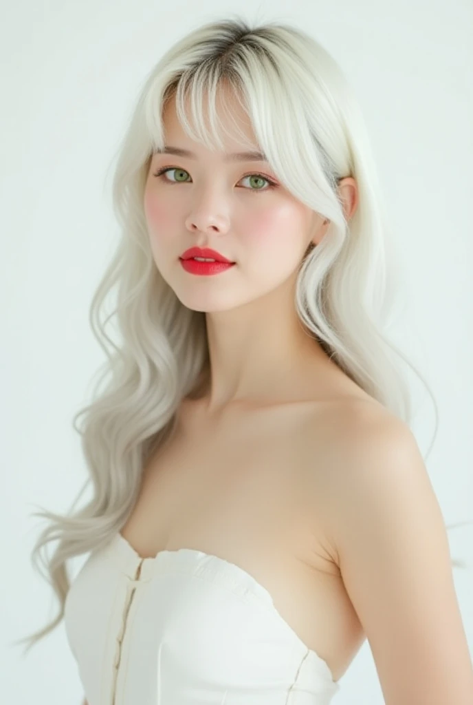 1girl, solo, long hair, breasts, looking at viewer, smile, simple background, white background, closed mouth, bare shoulders, green eyes, upper body, white hair, multicolored hair, green hair, sleeveless, white dress, two-tone hair, parted bangs, red lips