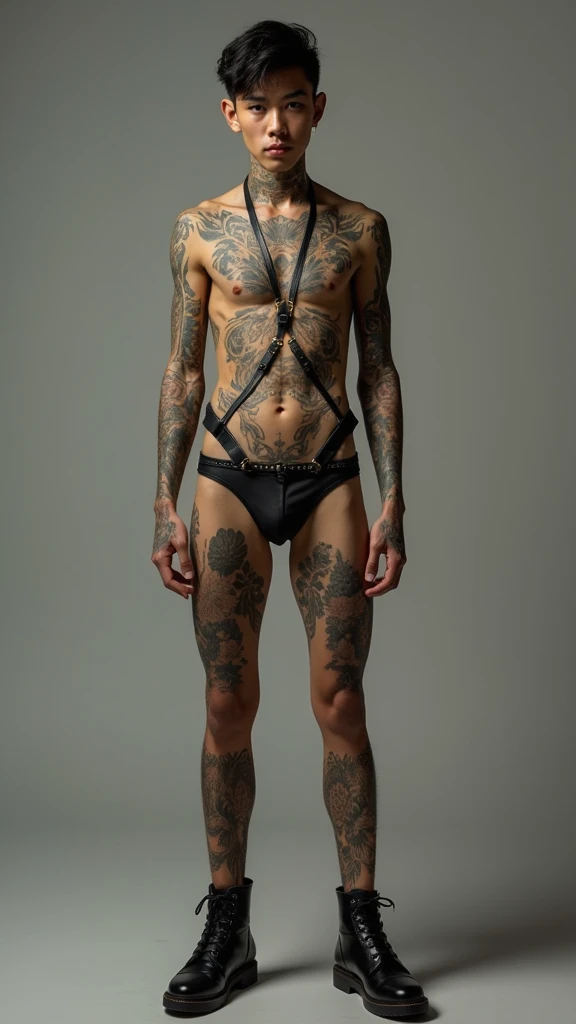  full-body portrayal of young male Vietnamese , full-body tattoos, brown-skin, thin-body , tallish, wearing  bikini leather , wearing chest leather, show cock hard