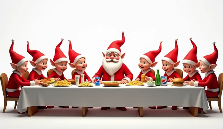 style cartoon 3D réaliste.  le père Noël et ses douze lutins dans une scène de "la dernière cène". sur la table devant eux il y a des patates frites, des rondelles doignons frits, des hamburgers, des hot-dogs, de la salade de chou, des canettes de Pepsi.  ...