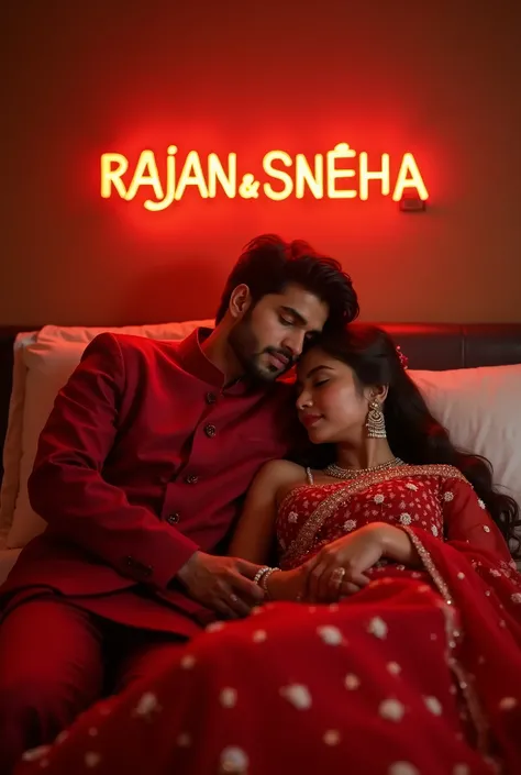 4TH Prompt – realistic indian 21-Year-old cute Couple sleep hug with bedroom. Boy Wearing red marriage uniform with rose with, and girl wearing red big lehenga with white sandal with , with , he looks ahead. The background room features “RAJAN & SNEHA” in ...