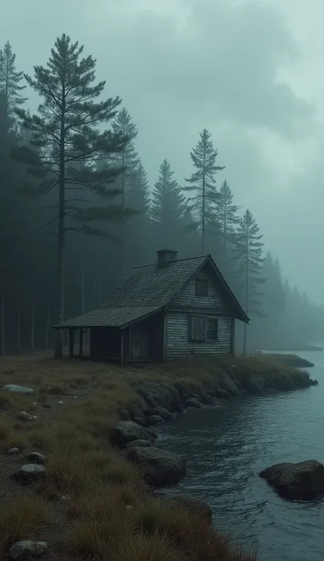 A wooden house on an isolated ,  island surrounded by dark trees . The weather is bleak ,  with gray clouds and a melancholic atmosphere