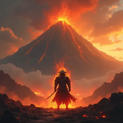 A lava mountain in the background with a burning samurai in the foreground