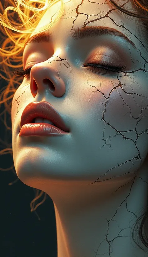 
fantasy colored drawing of a womans face with eyes closed as if it were a sculpture or cracked pottery. The cracks can be drawn as thin, detailed lines running across her face, the cracks can have a faint golden glow. and her rising from the ashes