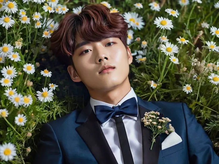 Korean boy in his 20s, with mushroom hair and wearing a suit with a bow, Lying on flowers,  looking at the stars  