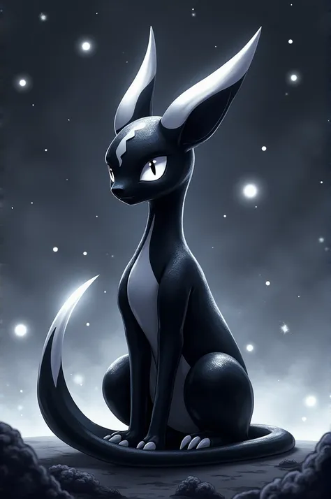 A mystical black and white Pokémon on a star-filled background