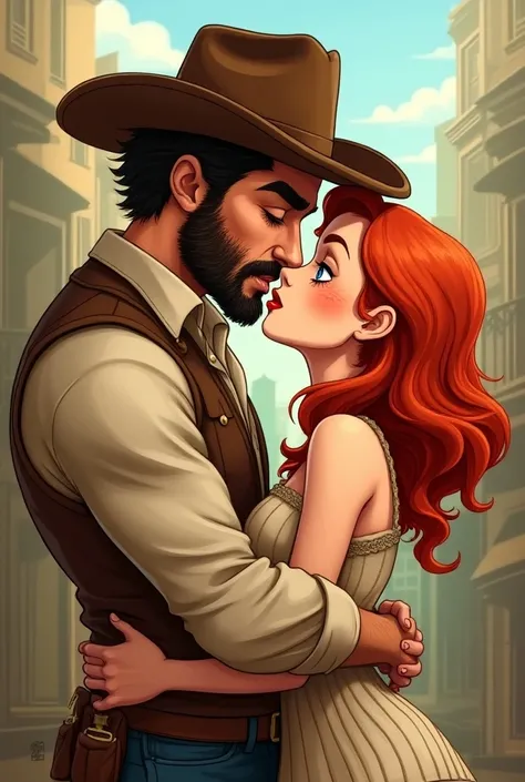 Grumpy, light stubble, brown hair, cowboy hat, tall, brown eyes, kissing a girl with red hair, pale skin, freckles, blue eyes, and red lips cartoon  for book cover 
