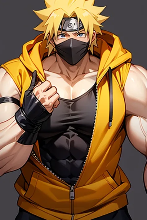 extremely muscular and beautiful anime boy with naruto uzumaki face and hairstyle, blonde, huge chest, orange hoodie, black shirt, wearing mask, round belly, voluptuous body, smiling