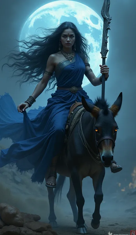 Goddess Kaalratri - Dressed in a dark blue saree, riding a donkey, with an intense, dark aura, and long flowing hair, holding a scimitar.