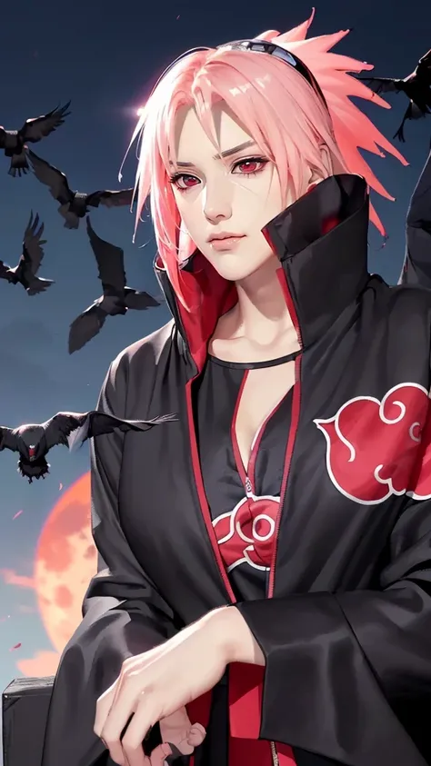 (（（figure，御姐figure,White and tender skin,（（（akatsuki outfit，coat, cloak, black coat, black cloak, ( Xiao uniform :1.5),）））,(（（Sasuke Boruto，sakura warshippuden, red eyes， bangs,Pink short hair））),，((masterpiece)), highres icon,((Best quality at best)),mast...