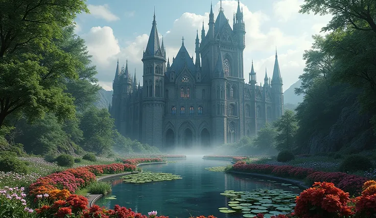 A huge Vampire castle. Also, next to it is a huge garden with beautiful and different flowers, as well as a beautiful decorated pond. The castle is very big and beautiful 